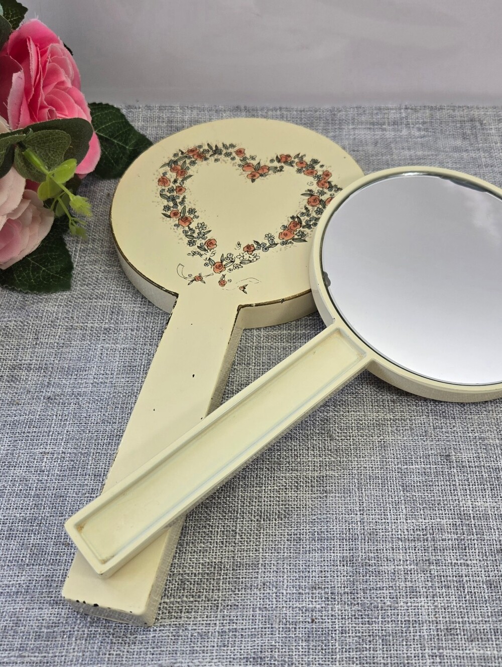 Vintage Merle Norman Mirror Mirror Double Sided Metal Hand Mirror & Wreath Case